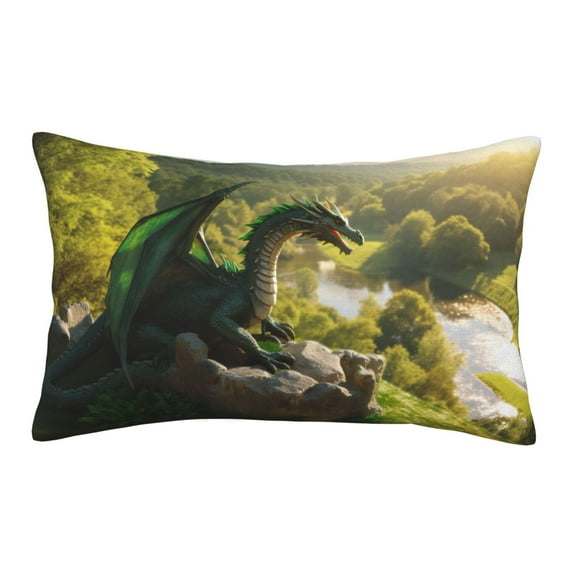 Gukieu Deep Forest Stone Green Dragon Print Plush Pillow Cover, Hidden Zipper Pillow Protector without Pillow Core, Suitable for Bedroom, Office, Car Decoration-14"x20"