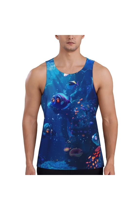 Deep Sea Glowing Fishes Print Men's Quick Dry Fitness Vest, Round Neck Sleeveless Fitness Bodybuilding Top-Large