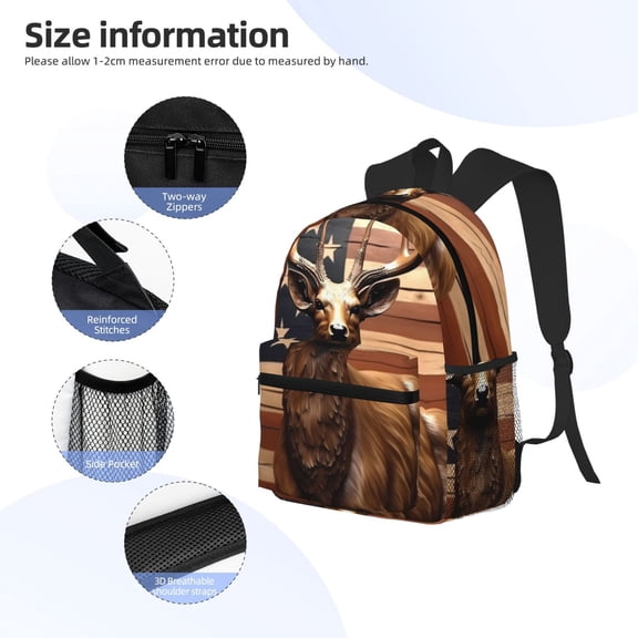 Gukieu Deer American Flag Vintage Print Backpack, Waterproof Backpack with Adjustable Shoulder Straps, Suitable for Campus, Business, Travel, Unisex