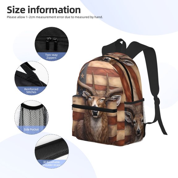 Gukieu Deer American Flag Wall Print Backpack, Waterproof Backpack with Adjustable Shoulder Straps, Suitable for Campus, Business, Travel, Unisex