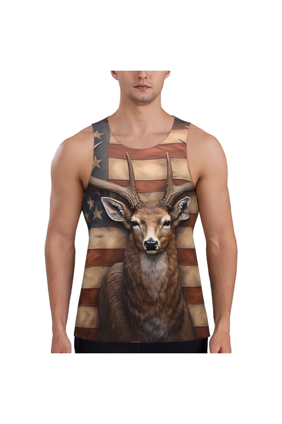 Deer American Flag Wall Print Men's Quick Dry Fitness Vest, Round Neck Sleeveless Fitness Bodybuilding Top-Large