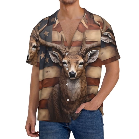 Gukieu Deer American Flag Wall Print Men's Short-sleeved Shirts, Button-down Pocket Shirts, T-shirts, Beach Vacation Travel Summer Clothing-XX-Large