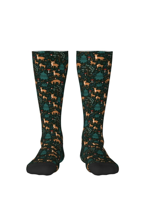 Deers In The Forest Print Contrast Color Stockings, Elastic Sports Socks Warm Socks Clothing Accessories, Adult Unisex