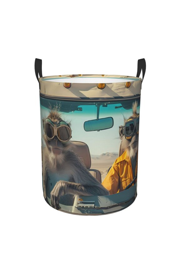 Desert Monkeys Drive Print Round Dirty Clothes Bag, Waterproof Standing Home Bathroom Storage Basket Car Trunk Storage Bag-Small