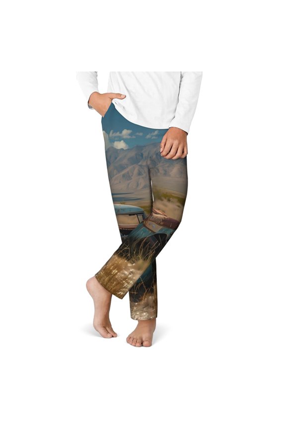 Deserted Classic Car Landscape Print Youth Home Trousers, Elastic Waistband with Pockets for Home and Outing, Suitable for Children Aged 5-16-Small