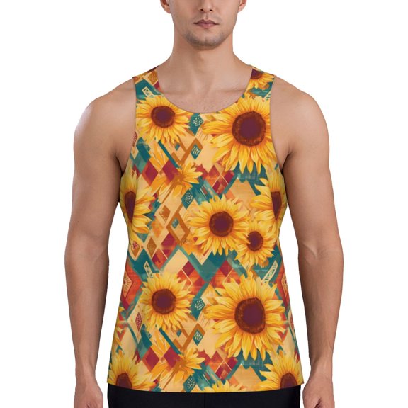 Gukieu Diamond Bohemian Sunflower Print Men's Quick Dry Fitness Vest, Round Neck Sleeveless Fitness Bodybuilding Top-Small