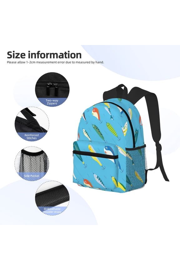 Different Color Fishing Bait Print Backpack, Waterproof Backpack with Adjustable Shoulder Straps, Suitable for Campus, Business, Travel, Unisex