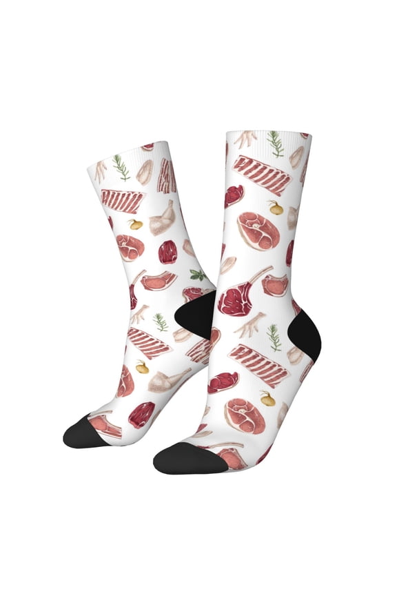 Different Meat Print Contrast Color Mid-calf Socks, Sweat-wicking Athletic Socks, Unisex Clothing Accessories