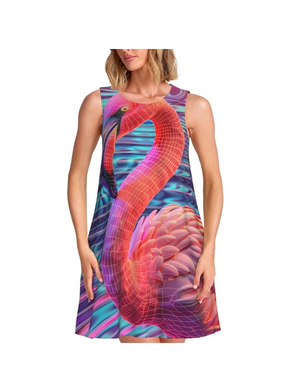 Digital Flamingo Vibrant Art Print Women's Sleeveless Dress, Pocket Round Neck Dress, Summer Dress Suitable for Vacation, Party, Travel