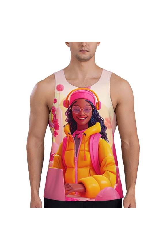 Digital Nomad Pink Landscape Print Men's Quick Dry Fitness Vest, Round Neck Sleeveless Fitness Bodybuilding Top-X-Large