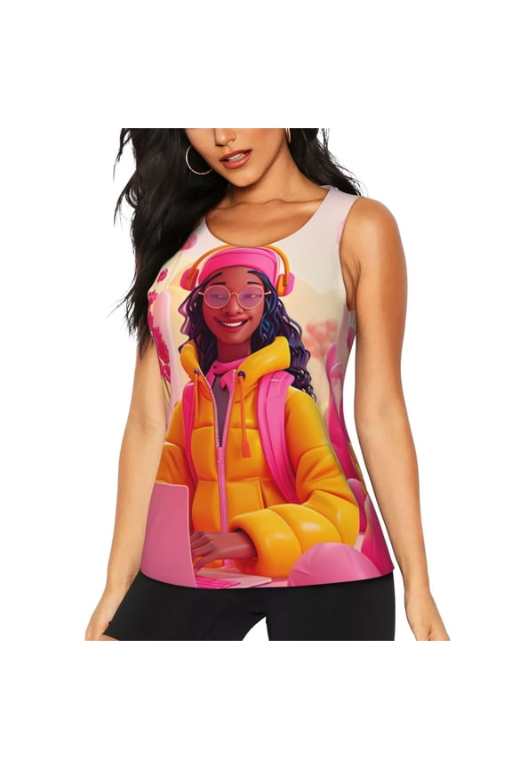 Digital Nomad Pink Landscape Print Women's Quick-drying Fitness Vest, Round Neck Sleeveless Fitness T-shirt, Suitable for Yoga, Sports-XX-Large