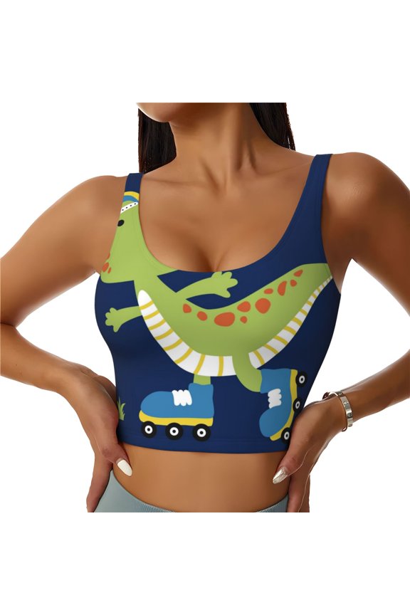 Dino Playing Roller Skate Print Women's Sports Vest, Low-neck U-shaped Removable Pad Sports Bra for Yoga, Exercise, Dance-Medium