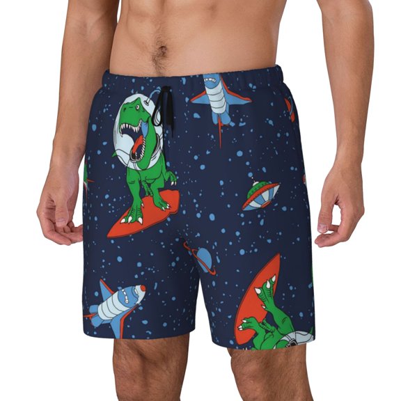 Gukieu Dinosaur Astronaut Space Surfing Print Men's Double Layer Sports Swim Trunks, Quick Dry Adjustable Waist Swim Shorts Swimwear-X-Large