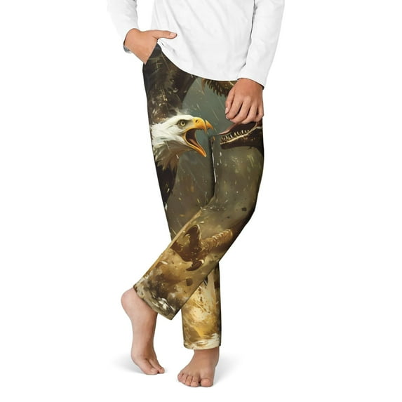 Gukieu Dinosaur Bald Eagle Print Youth Home Trousers, Elastic Waistband with Pockets for Home and Outing, Suitable for Children Aged 5-16-Medium