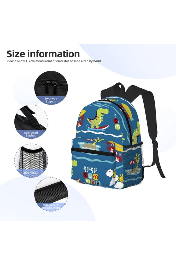 Dinosaur on the Beach Vacation Print Backpack, Waterproof Backpack with Adjustable Shoulder Straps, Suitable for Campus, Business, Travel, Unisex