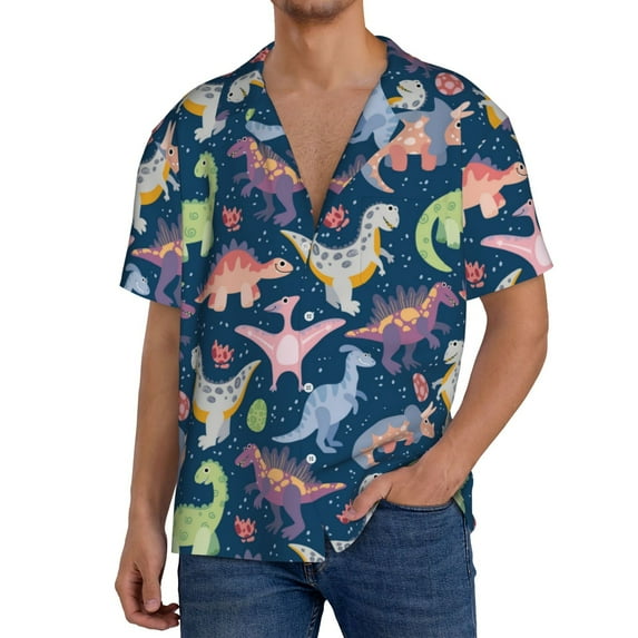 Gukieu Dinosaur Print Men's Short-sleeved Shirts, Button-down Pocket Shirts, T-shirts, Beach Vacation Travel Summer Clothing-Small