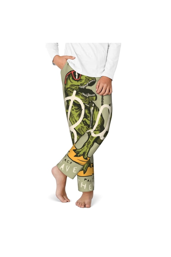 Dinosaur Print Youth Home Trousers, Elastic Waistband with Pockets for Home and Outing, Suitable for Children Aged 5-16-XS(5-6)