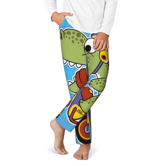 Gukieu Dinosaur Riding a Motorcycle Print Youth Home Trousers, Elastic Waistband with Pockets for Home and Outing, Suitable for Children Aged 5-16-Small