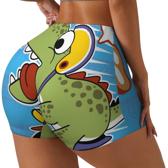 Gukieu Dinosaur Riding a Motorcycle Print Women's Sports Shorts, Elastic Waist High Stretch Running Yoga Gym Sweatpants-Small