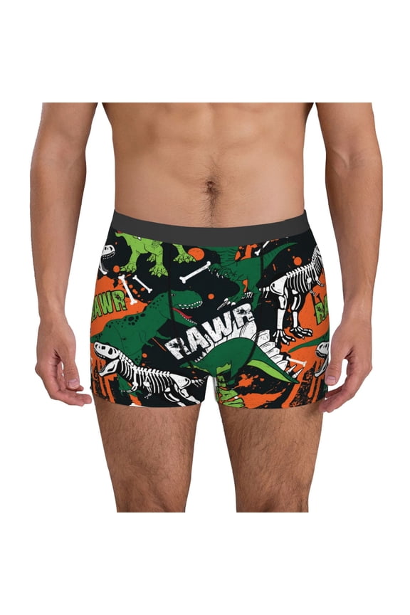 Dinosaur Skeleton Print Men's Boxer Briefs, High Elastic Moisture Wicking Boxer Briefs Underwear-Medium