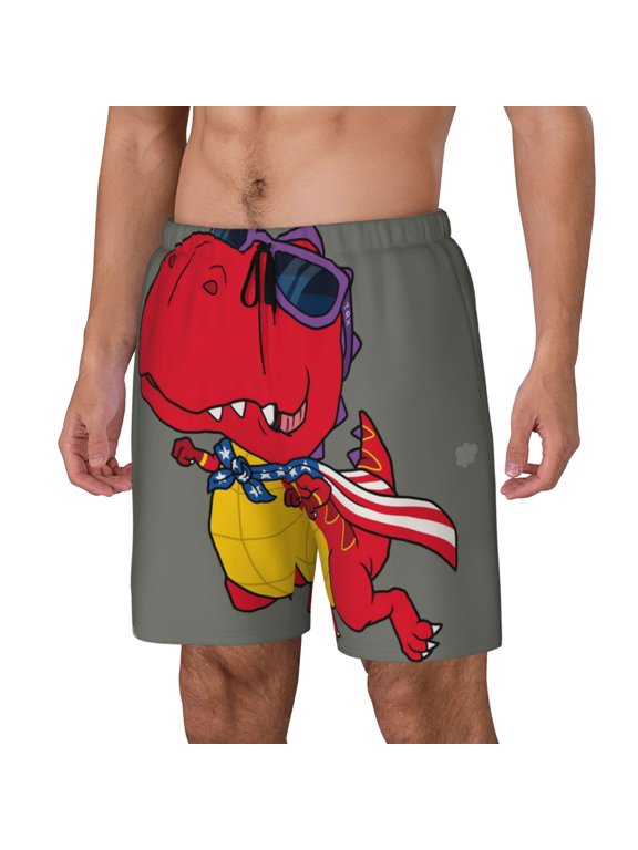 Dinosaur Super Hero Cartoon Print Men's Double Layer Sports Swim Trunks, Quick Dry Adjustable Waist Swim Shorts Swimwear-Large