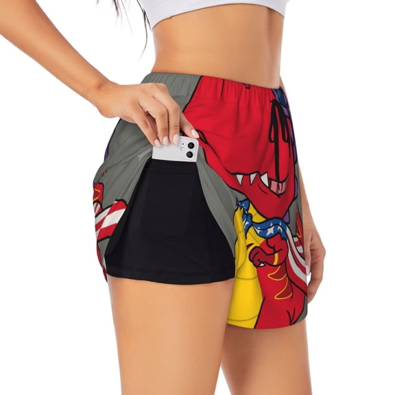 Gukieu Dinosaur Super Hero Cartoon Print Women's Sports Shorts with Drawstring Elastic Waistband for Running, Yoga, Fitness-Medium