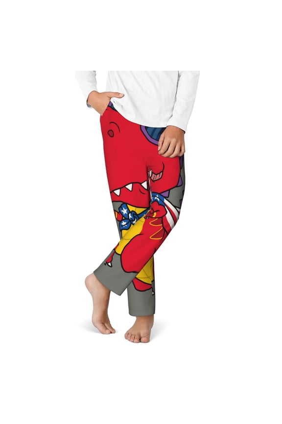 Dinosaur Super Hero Cartoon Print Youth Home Trousers, Elastic Waistband with Pockets for Home and Outing, Suitable for Children Aged 5-16-XS(5-6)