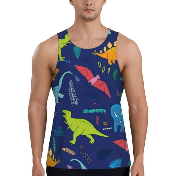 Gukieu Dinosaurs Print Men's Quick Dry Fitness Vest, Round Neck Sleeveless Fitness Bodybuilding Top-4X-Large