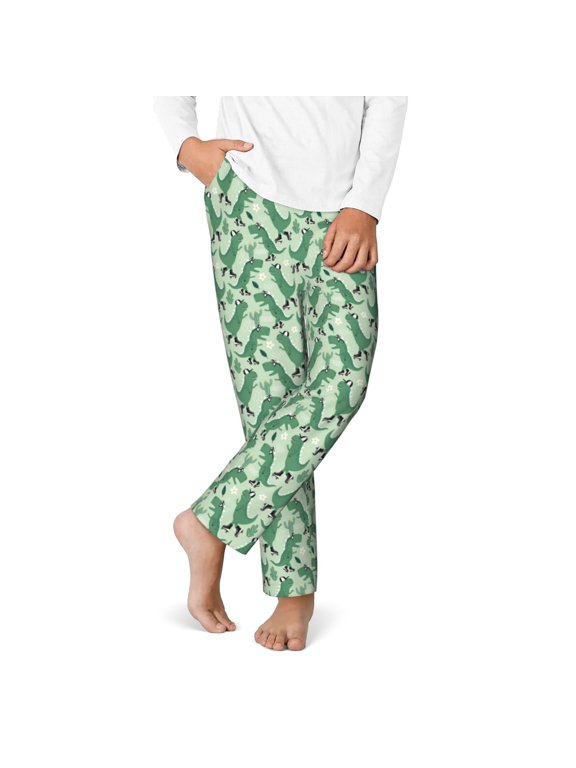 Dinosaurs on Roller Skater Print Youth Home Trousers, Elastic Waistband with Pockets for Home and Outing, Suitable for Children Aged 5-16-Large