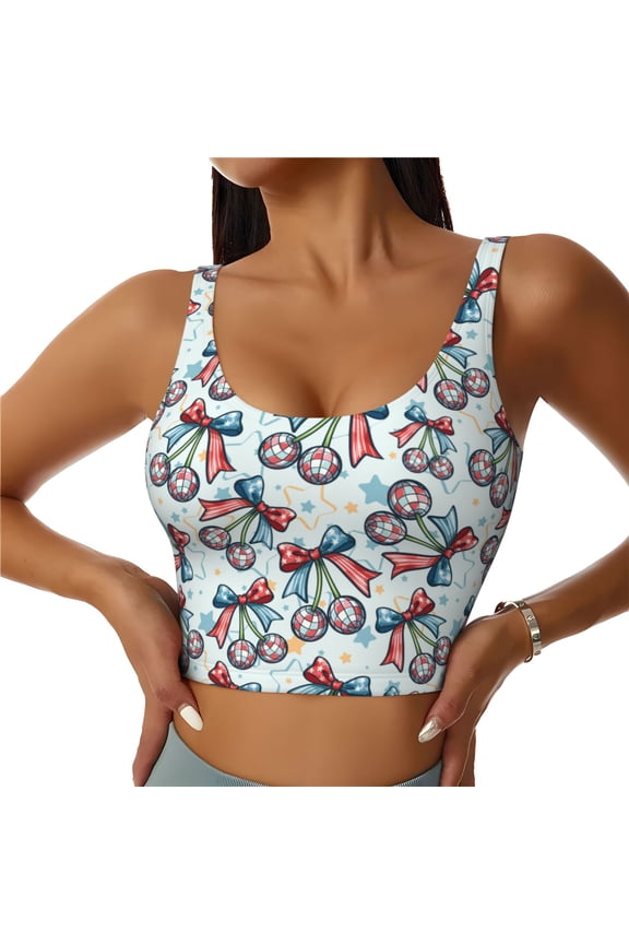 Disco Ball Cherry With Bow Print Women's Sports Vest, Low-neck U-shaped Removable Pad Sports Bra for Yoga, Exercise, Dance-Medium