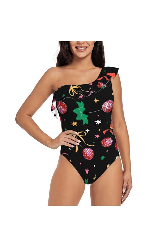 Disco Mirror Ball Print One-shoulder Ruffled One-piece Swimsuit with Removable Chest Pads and Tummy-control Swimsuit for Women-Small