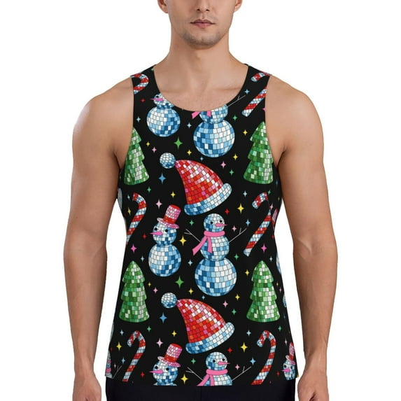 Gukieu Disco Mirror Ball Snowman Print Men's Quick Dry Fitness Vest, Round Neck Sleeveless Fitness Bodybuilding Top-Medium