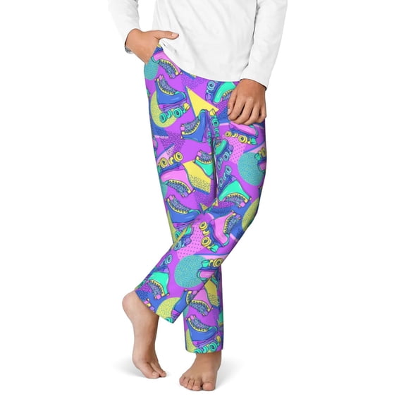 Gukieu Disco Roller Skates Print Youth Home Trousers, Elastic Waistband with Pockets for Home and Outing, Suitable for Children Aged 5-16-Small