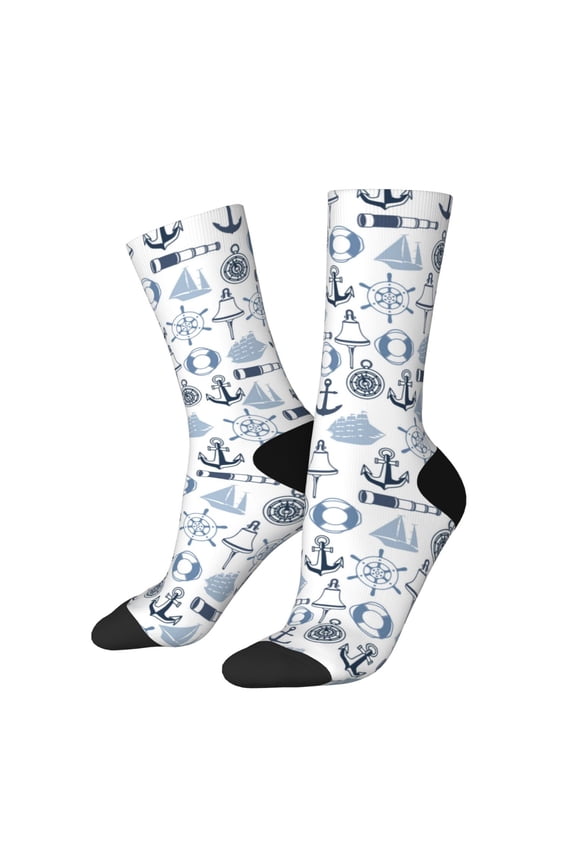Dock Rudder Print Contrast Color Mid-calf Socks, Sweat-wicking Athletic Socks, Unisex Clothing Accessories