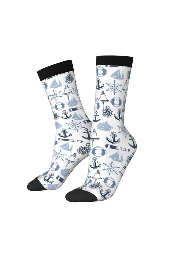 Dock Rudder Print Contrast Color Mid-calf Socks, Sweat-wicking Athletic Socks, Unisex Clothing Accessories