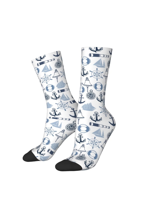 Dock Rudder Print Contrast Color Mid-calf Socks, Sweat-wicking Athletic Socks, Unisex Clothing Accessories