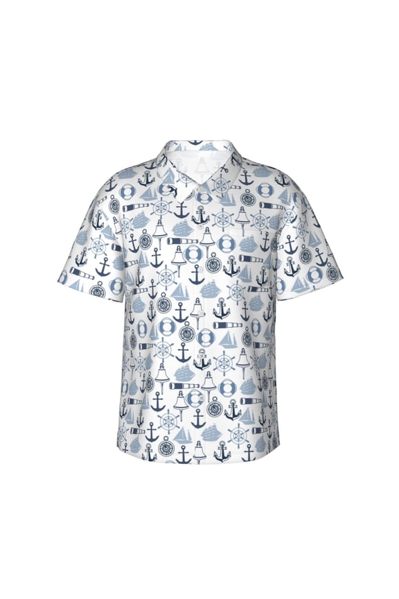 Dock Rudder Print Men's Short-sleeved Shirts, Button-down Lapel Hawaiian Shirts, T-shirts, Beach Vacation Summer Casual Wear,Small