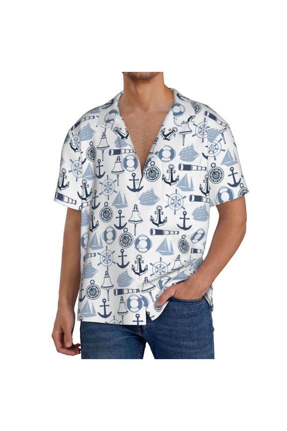 Dock Rudder Print Men's Short-sleeved Shirts, Button-down Pocket Shirts, T-shirts, Beach Vacation Travel Summer Clothing-Large