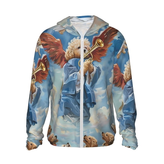 Gukieu Dog Angel Ascension Print Sun Protection Hoodies for Men and Women, Zippered Long-sleeved Quick-drying UV Protection Shirts, Suitable for Sports, Swimming, Fishing-3X-Large