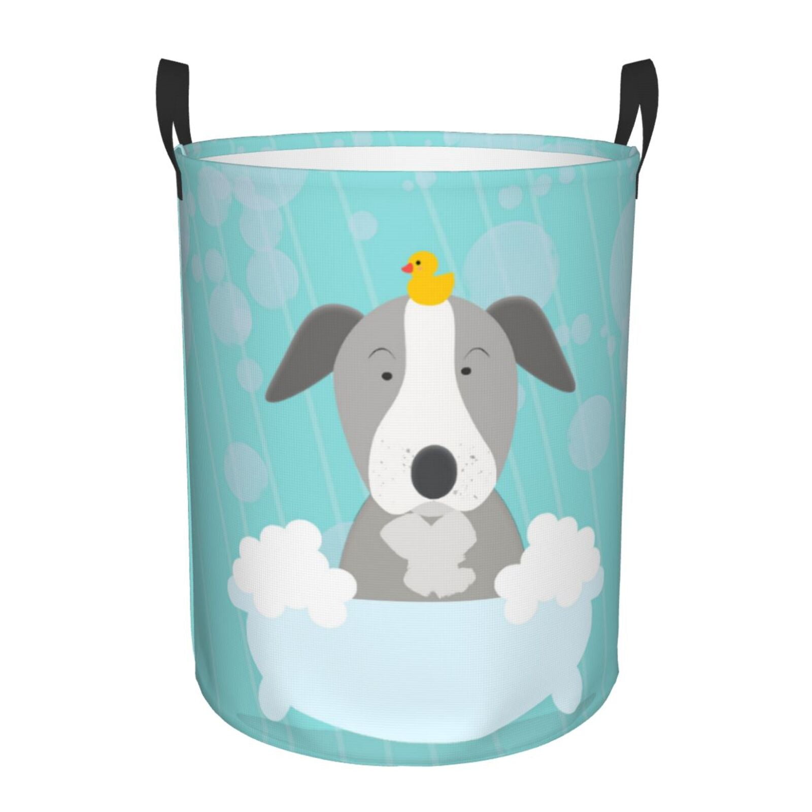 Gukieu Dog In Bathtub Print Round Dirty Clothes Bag, Waterproof Standing Home Bathroom Storage Basket Car Trunk Storage Bag-Small