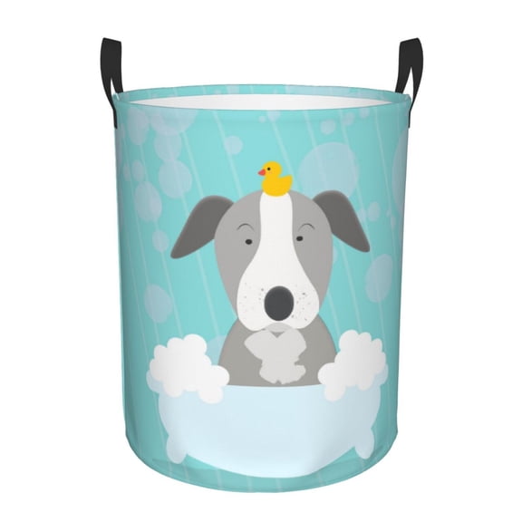 Gukieu Dog In Bathtub Print Round Dirty Clothes Bag, Waterproof Standing Home Bathroom Storage Basket Car Trunk Storage Bag-Small