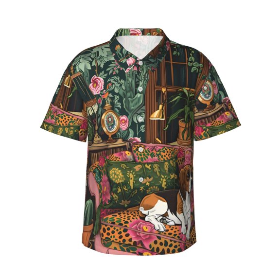 Gukieu Dog On Floral Couch Print Men's Short-sleeved Shirts, Button-down Lapel Hawaiian Shirts, T-shirts, Beach Vacation Summer Casual Wear,Small