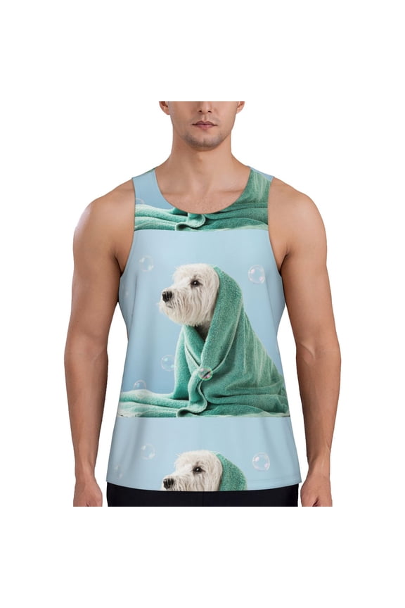 Dog Wrapped in Towel Print Men's Quick Dry Fitness Vest, Round Neck Sleeveless Fitness Bodybuilding Top-XX-Large