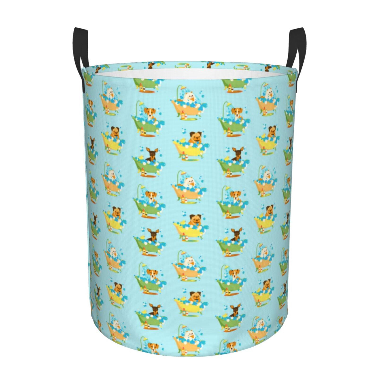 Gukieu Doggy In Bubble Bath Print Round Dirty Clothes Bag, Waterproof Standing Home Bathroom Storage Basket Car Trunk Storage Bag-Small