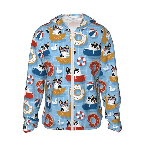 Gukieu Dogs With Pool Floats Print Sun Protection Hoodies for Men and Women, Zippered Long-sleeved Quick-drying UV Protection Shirts, Suitable for Sports, Swimming, Fishing-XX-Large