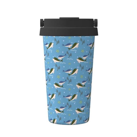 Gukieu Dolphin Lovers Print Insulated Coffee Cup, Portable Stainless Steel Vacuum Cup with Lid, Unisex, Suitable for Office, Cafe, Car