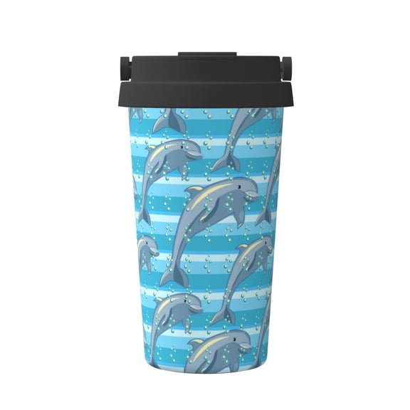 Gukieu Dolphin Print Insulated Coffee Cup, Portable Stainless Steel Vacuum Cup with Lid, Unisex, Suitable for Office, Cafe, Car