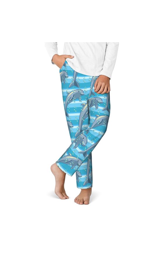 Dolphin Print Youth Home Trousers, Elastic Waistband with Pockets for Home and Outing, Suitable for Children Aged 5-16-Small