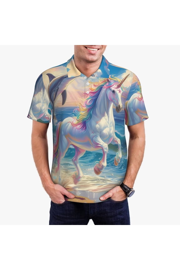 Dolphin Rainbow Horse Print Men's Quick-drying POLO Shirt, Button-down Summer T-shirt, Suitable for Work and Outdoor Activities-Small