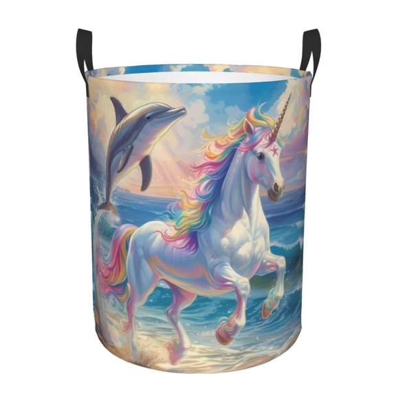 Gukieu Dolphin Rainbow Horse Print Round Dirty Clothes Bag, Waterproof Standing Home Bathroom Storage Basket Car Trunk Storage Bag-Small